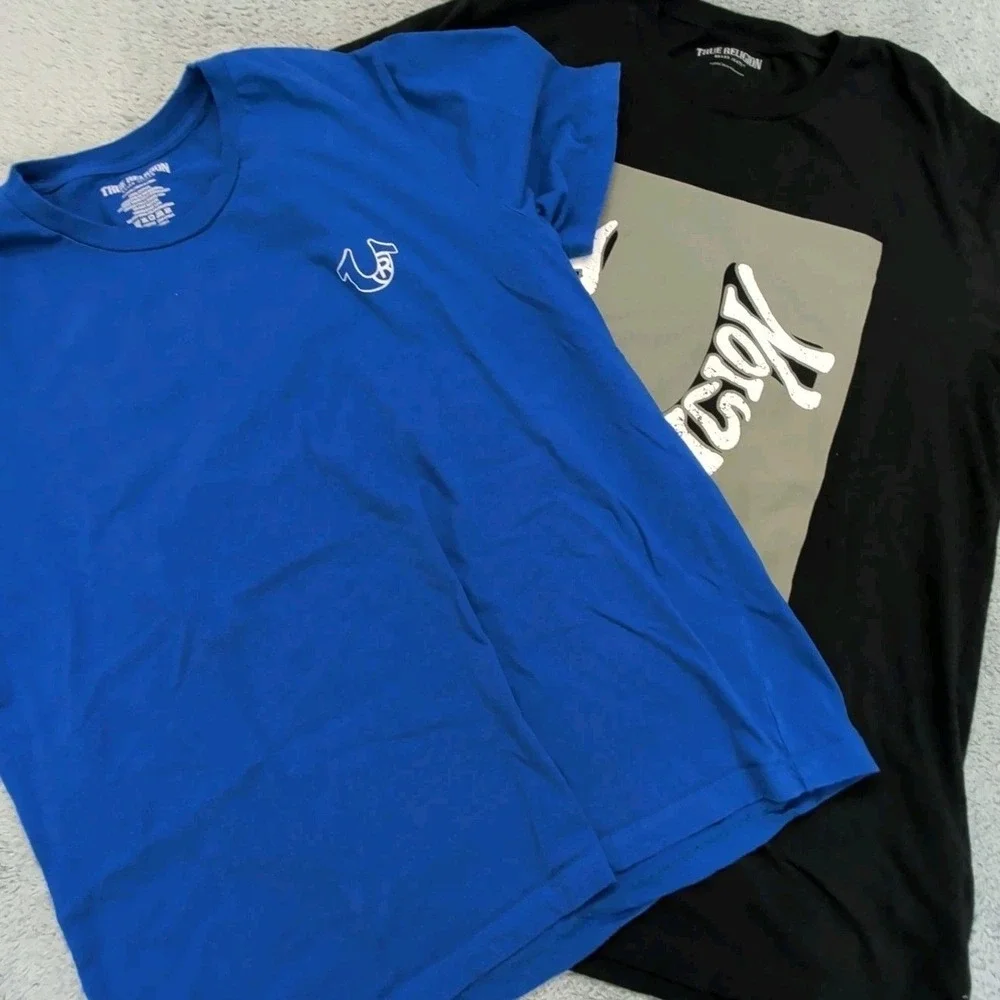 True Religion Men's Graphic T-Shirt Lot of 2 Olive Colorblock & Blue Buddha XL
